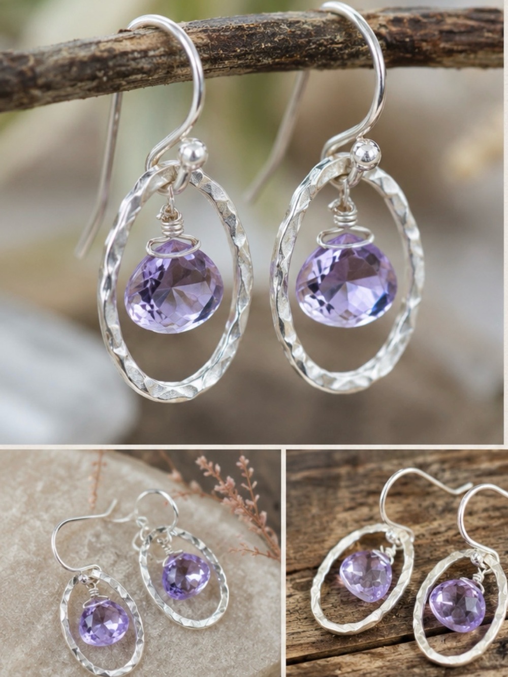 Sterling Silver Hammered Hoop Earrings with natural Amethyst Drop, handmade